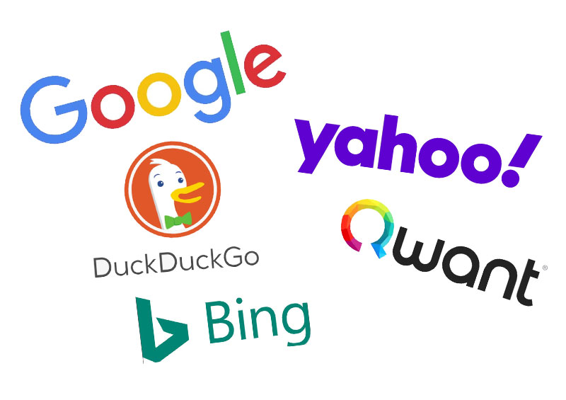 L'image montre quatre moteurs de recherche populaires : Google, Yahoo!, Qwant et DuckDuckGo, ainsi que Bing.