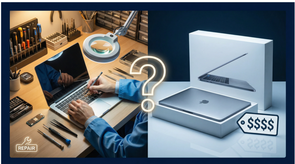 Technicien réparant un ordinateur portable avec outils sur un bureau