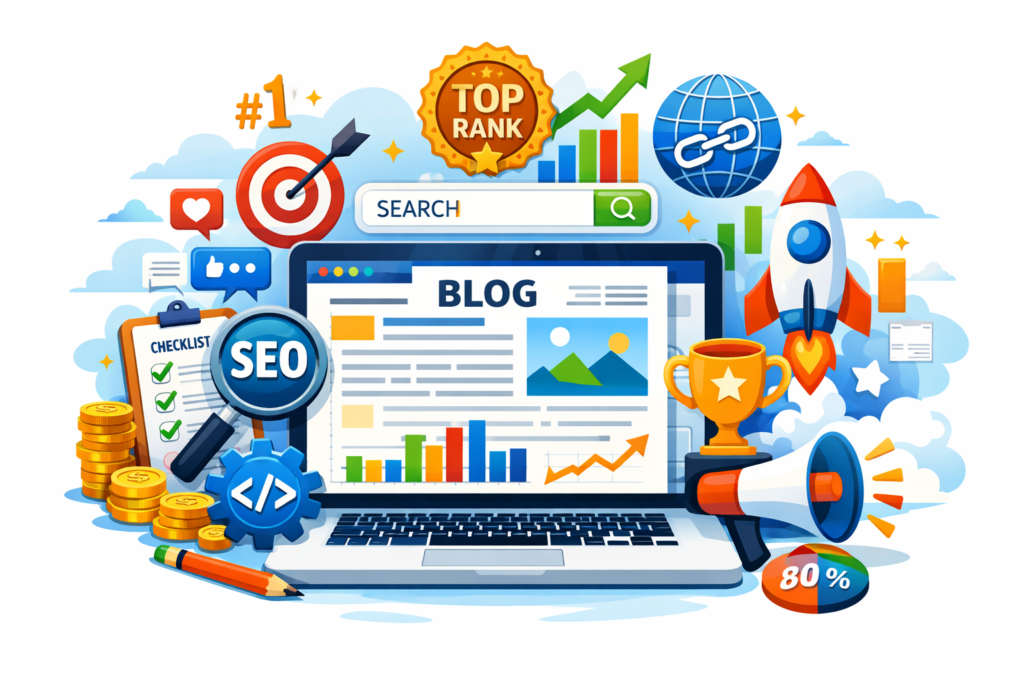 Illustration d'un ordinateur portable avec des éléments de SEO et de blogging