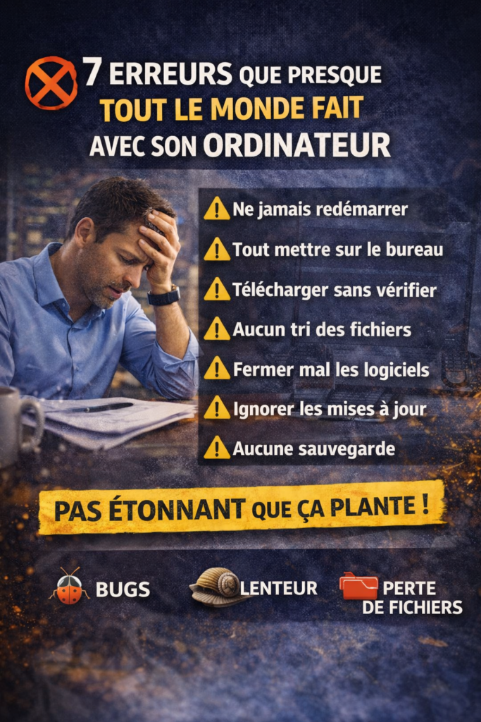 Liste des erreurs courantes sur un ordinateur avec un homme stressé