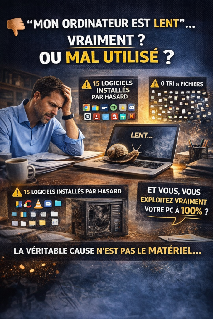 Homme frustré devant ordinateur lent avec icônes de logiciels et fichiers