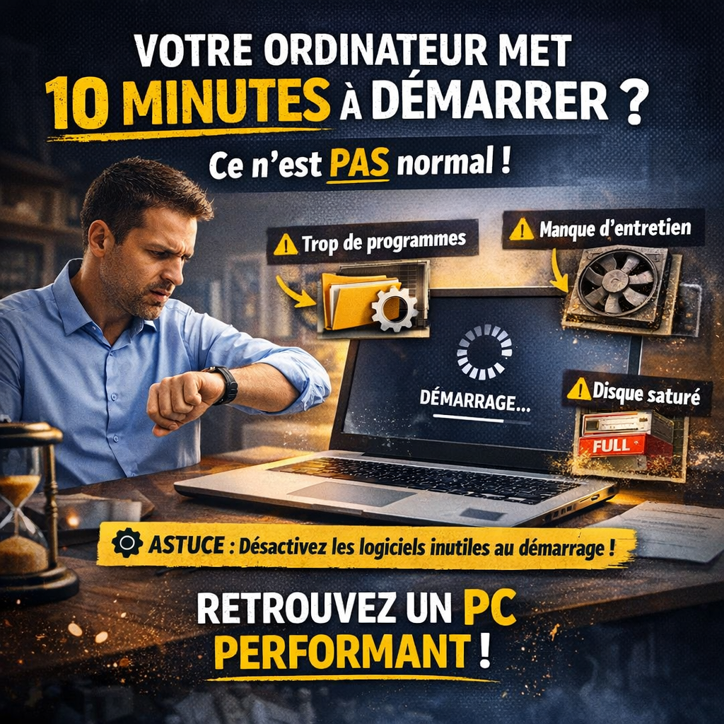Homme regardant sa montre devant un ordinateur affichant un démarrage lent