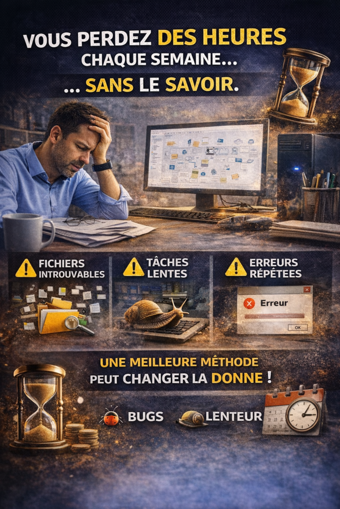 Homme stressé devant un ordinateur, affichant des erreurs et des tâches lentes